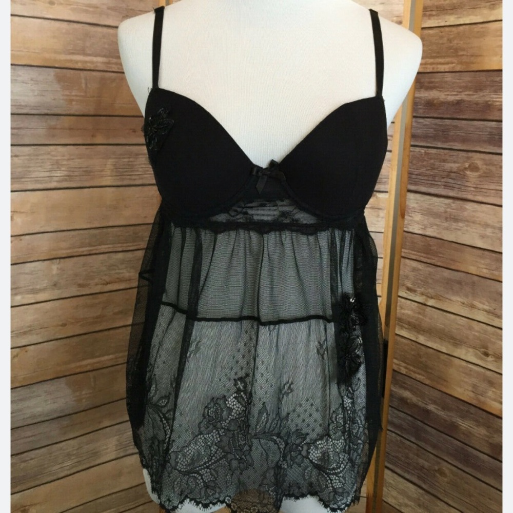Victoria's Secret Sexy Little Things Black Baby Doll Size 36B Mesh Lace Beaded